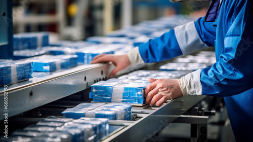 Hands of a factory employee sealing boxes on a conveyor belt, emphasizing quality control in the packaging process.  photo