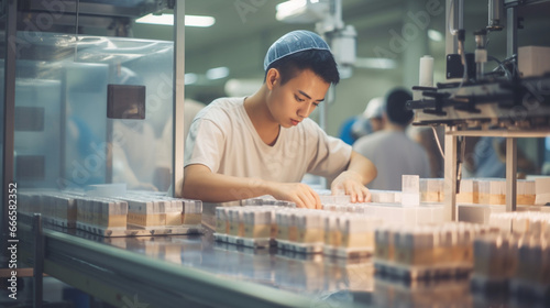Worker in a cosmetics factory carefully packing beauty products into boxes on a conveyor belt, part of the cosmetics production line. 