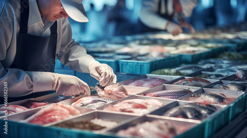 Close-up of a factory employee arranging sealed boxes of fresh seafood products on a conveyor belt, reflecting the seafood industry's standards.  photo