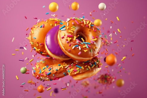 Colorful donuts with fruity glaze and sprinkles, captured while falling. Perfect for bakery ads and fast food concepts. Generative AI © Evander