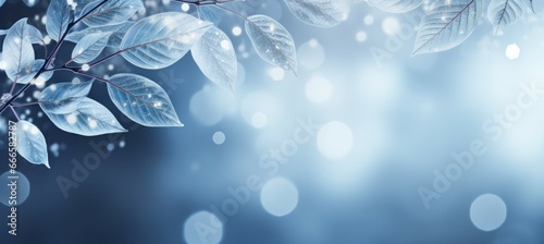 Winter leaves theme with shiny bokeh blue gray background with copy space for text and advert. Generative AI technology. 