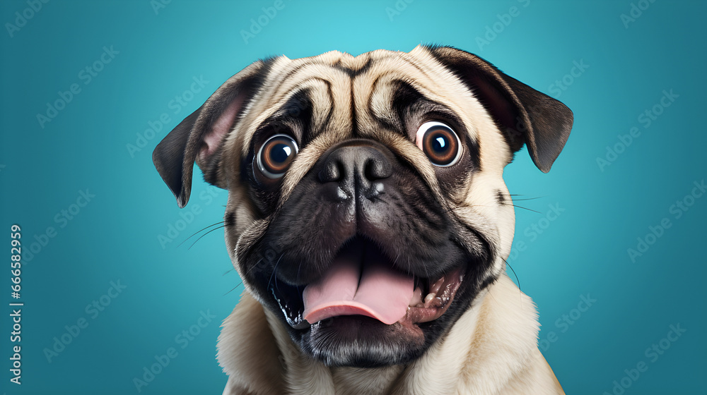 Pug dog looks shocked. Big round eyes, open mouth. Blue background. Wrinkled face, tongue out