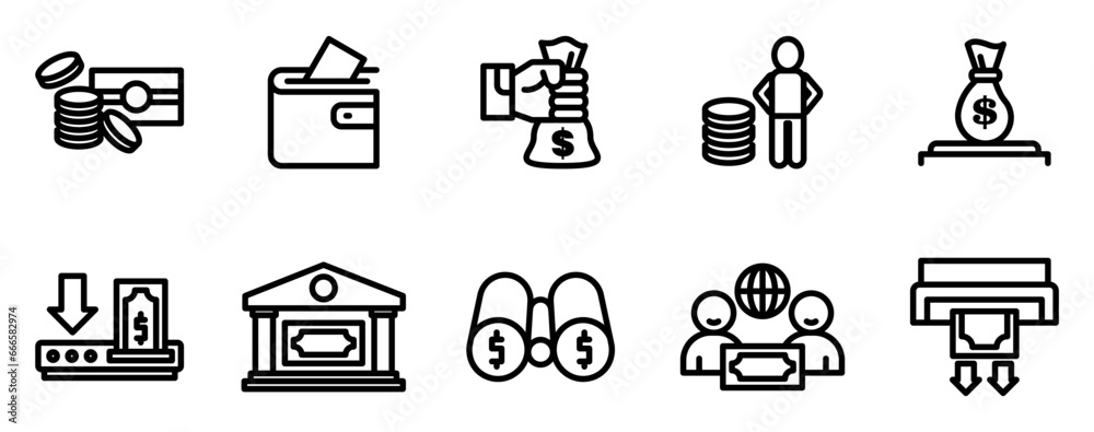 Financial icon design set. Contains icons of loans, cash, savings, financial goals, profits, budgets, mutual funds, banks, income money, and income. Financial icon design set. Contains icons of loans, cash, savings, financial goals, profits, budgets, mutual funds, banks, income money, and income.