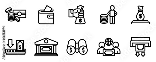 Financial icon design set. Contains icons of loans, cash, savings, financial goals, profits, budgets, mutual funds, banks, income money, and income.