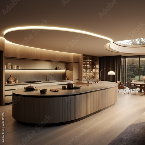 Kitchen interior rendering of a minimalist big kitchen in a dark round house, beige tone photo