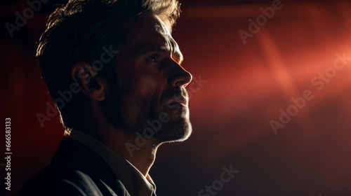Profile cinematic portrait of a perplexed mature man with warm backlight and copy space