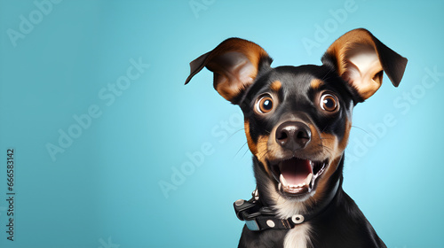 Black and tan dog looks surprised. Big eyes, open mouth. Blue background. Dog wears collar