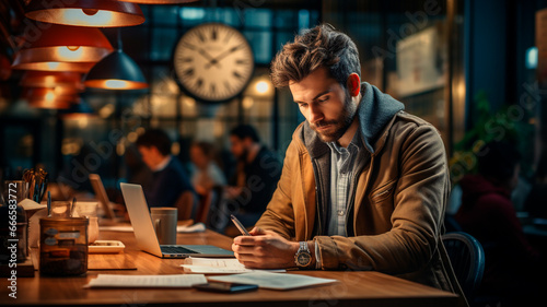 A person is sitting at his desk, holding a smart phone to his ear while reviewing an important document on his laptop. 