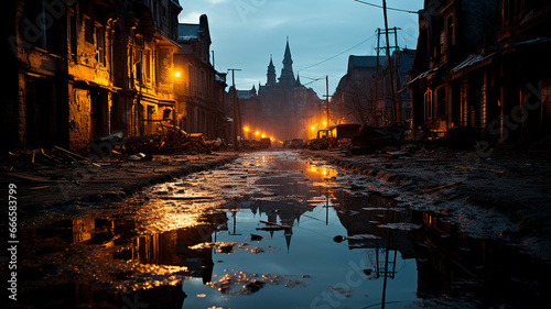 A puddle in the street reflecting the surrounding landscape, such as buildings, trees or lampposts.
