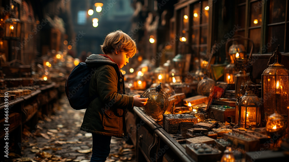 A young boy examines antique objects in the market. 