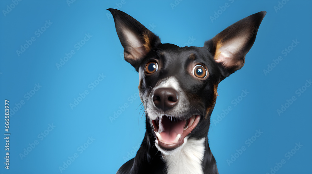 Black and white dog. Big ears. Excited face. Wide eyes. Open mouth. Happy look. Blue background. Shiny eyes