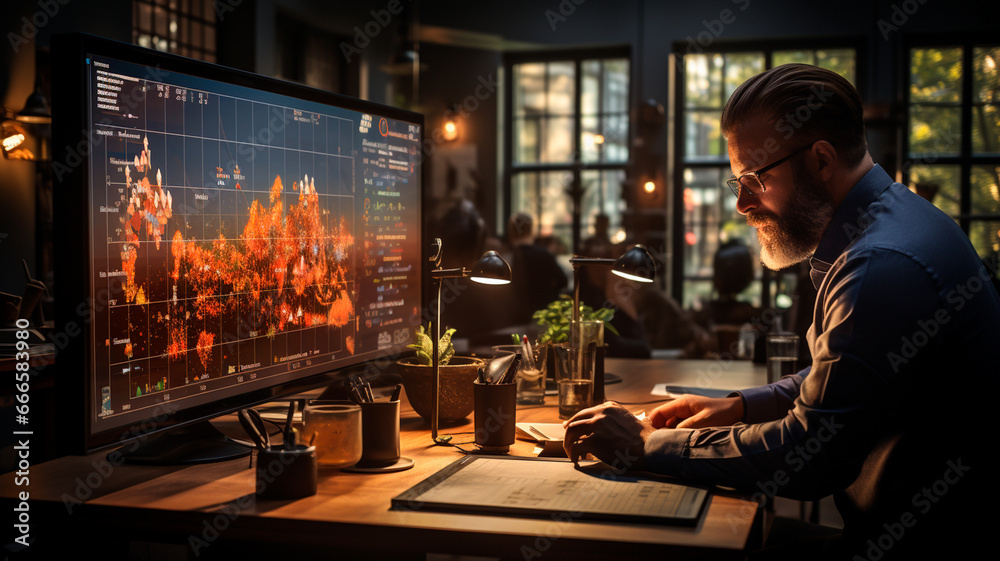 One employee is standing in front of a large monitor, pointing at graphs and figures in an interactive presentation. The other team members are seated in ergonomically designed chairs, paying attentio One employee is standing in front of a large monitor, pointing at graphs and figures in an interactive presentation. The other team members are seated in ergonomically designed chairs, paying attentio