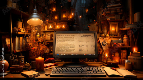 A clean desk with a computer, calendar, notebook, and some office supplies. photo