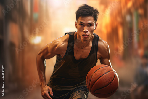A basketball player dribbling with determination, eyes fixed on the hoop