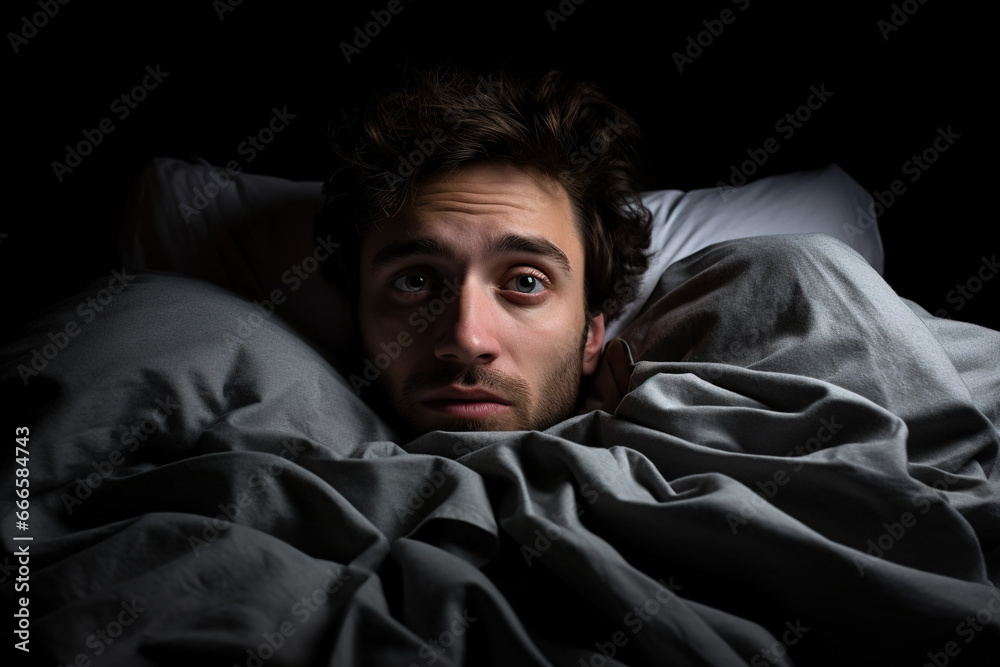 A man with a stressed expression lies in bed due to insomnia - obrazy, fototapety, plakaty 