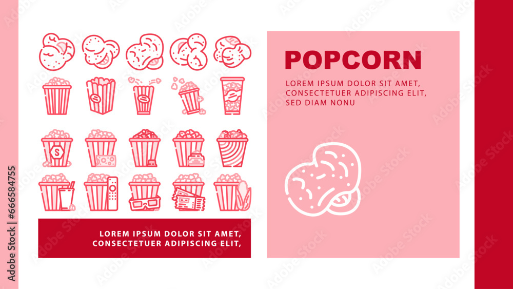 popcorn food snack cinema landing web page vector. movie corn, pop bucket, entertainment box, delicious, tasty film, red white striped popcorn food snack cinema Illustration popcorn food snack cinema landing web page vector. movie corn, pop bucket, entertainment box, delicious, tasty film, red white striped popcorn food snack cinema Illustration