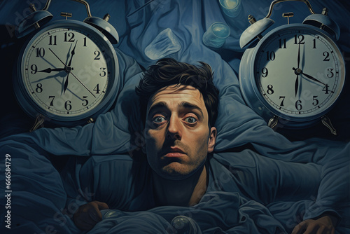 A man with a stressed expression lies in bed due to insomnia
