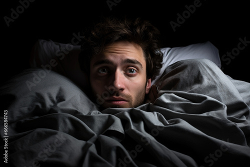 A man with a stressed expression lies in bed due to insomnia © Digitalphoto 4U