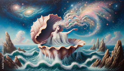 Aphrodite - Goddess of Love, Beauty, Desire, Fertility, the Sea, and Islands, Enthroned in a Large Clam Shell above the Sea Waves: Exploring Greek Goddesses and Mythology. photo