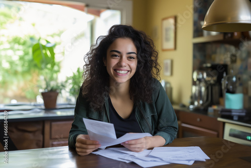 happy woman with bills and paperwork at kitchen table, household cost of living photo