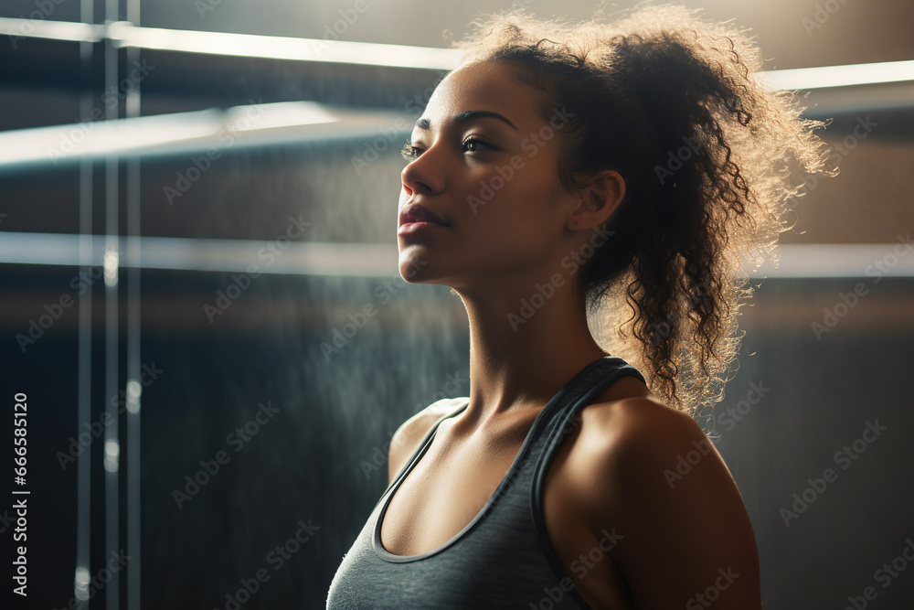 woman exercising with sweat glistening, looking into the distance with a sense of purpose