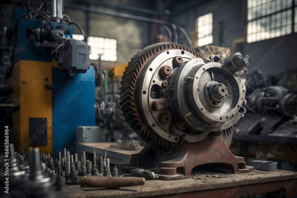 Industrial Machine Shop: Large Gear Assembly on Workbench, ai generative Industrial Machine Shop: Large Gear Assembly on Workbench, ai generative