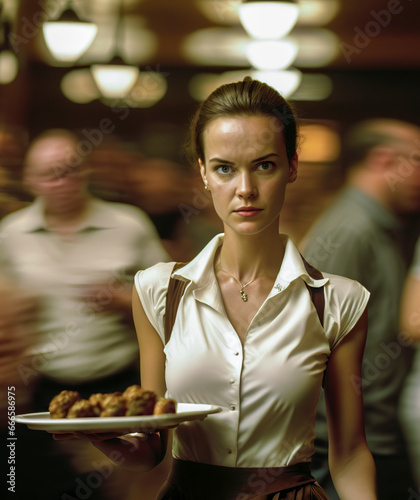 erving Up Deliciousness  Waitress with Plate of Chicken Wings in Bustling Restaurant  ai generative