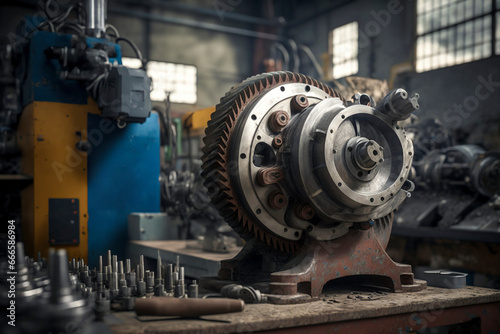 Industrial Machine Shop: Large Gear Assembly on Workbench, ai generative
