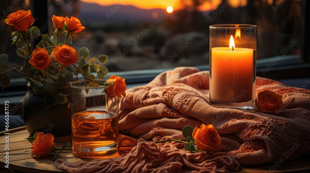 Beautiful romantic burning candles in glass cups. Flowers lie on a wooden surface. Theme of rest and relaxation.