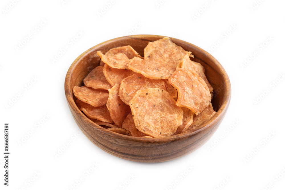 Slices of dehydrated salted meat chips isolated on white, side view Slices of dehydrated salted meat chips isolated on white, side view