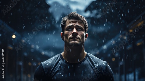 A handsome muscular man in a T-shirt stands and looks at the rain. Close-up. The theme of depression and the search for meaning in life. photo