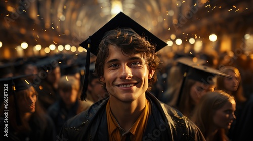 A joyful male student stands and looks at the camera against the background of other students. Close-up. photo