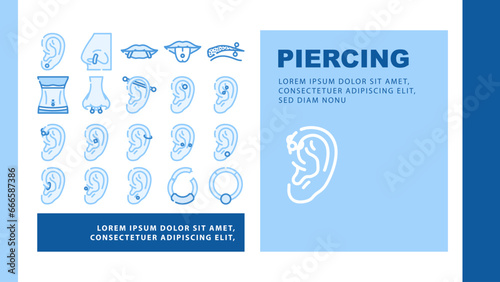 piercing ring earring nose landing web page vector. metal jewelry, body pierce, nipple silver, hoop face, jewellery ear, navel piercing ring earring nose Illustration