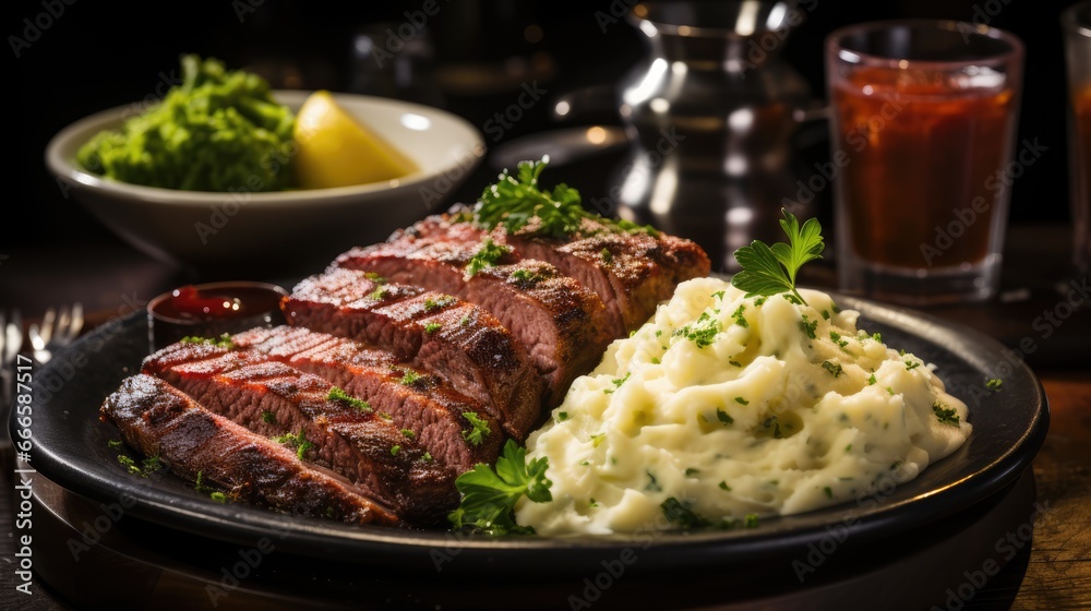 Appetizing meat with yellow mashed potatoes on a plate close-up. Appetizing meat with yellow mashed potatoes on a plate close-up.