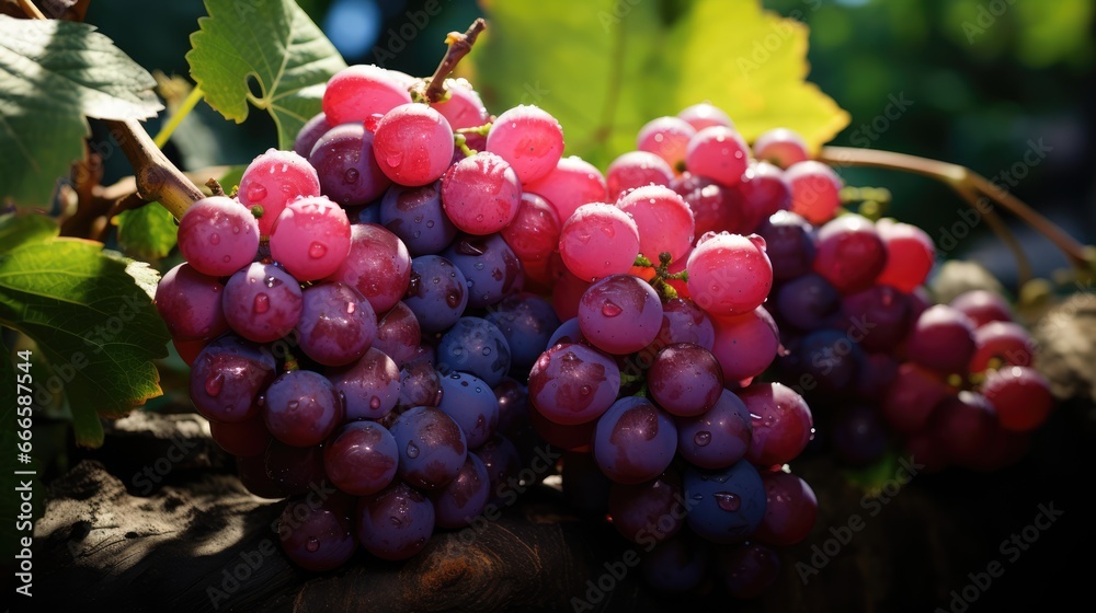Bunches of sweet ripe dark grapes for making juices and alcoholic drinks. Successful harvest and agriculture theme.