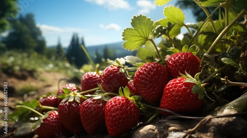 Large red appetizing strawberries against a background of green fields. The theme of a good harvest and proper nutrition.