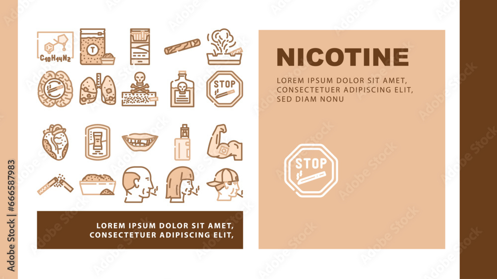 nicotine tobacco unhealthy landing web page vector. health product, danger snus, chemical pouch, box lifestyle, cigarette smoking nicotine tobacco unhealthy Illustration - obrazy, fototapety, plakaty 
