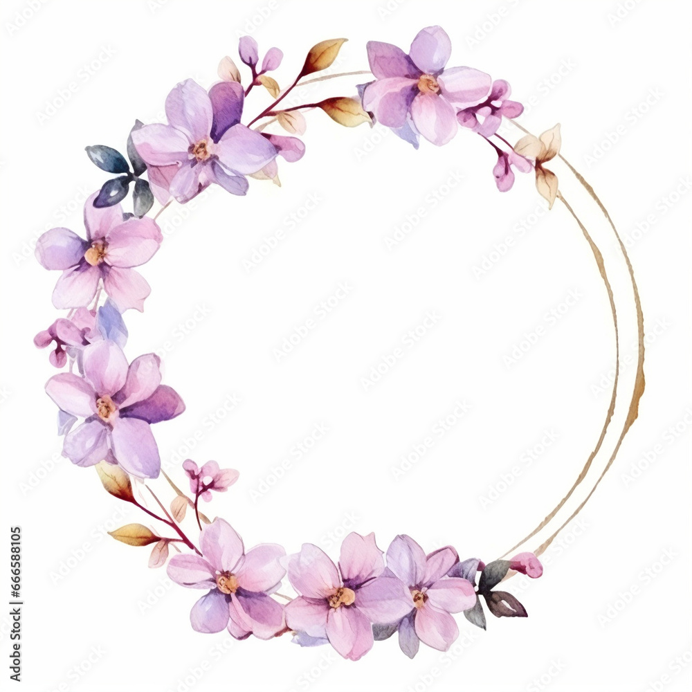 Light pink spring flowers with leaves watercolor paint round frame with golden line border on white, generated AI