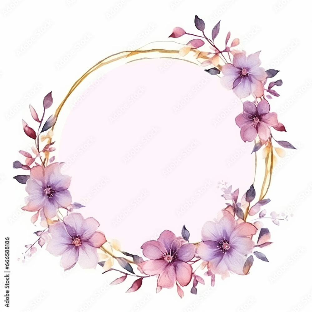 Light pink spring flowers with leaves watercolor paint round frame with golden line border on white, generated AI