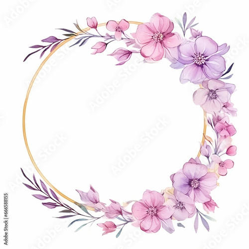 Light pink spring flowers with leaves watercolor paint round frame with golden line border on white, generated AI © Oleksiy