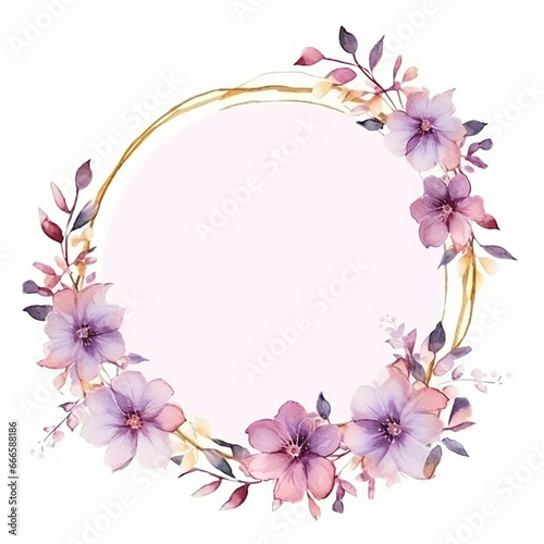 Light pink spring flowers with leaves watercolor paint round frame with golden line border on white  generated AI