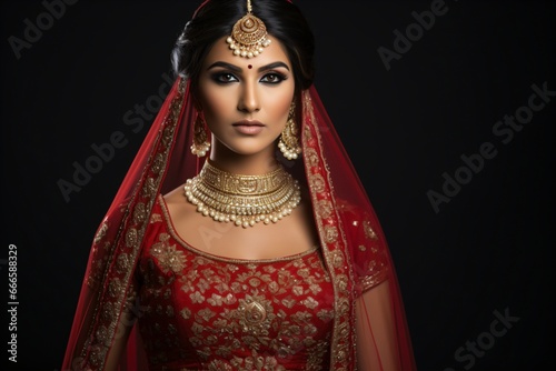 Portrait photograph of an Indian bride wearing her lehenga and jewellery