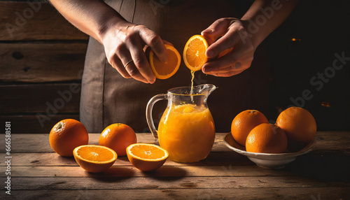 Fototapeta Naklejka Na Ścianę i Meble -  Orange juice, fruits rich in vitamin C for a healthy breakfast