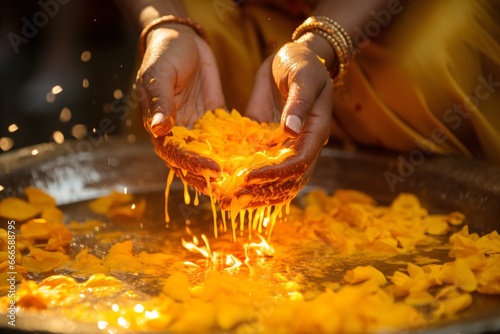 Close-up of bowl of haldi or turmeric for wedding ceremony