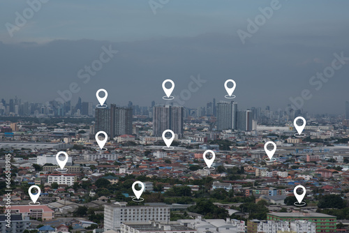 pin location data gps and city scape business digtial network connection concept