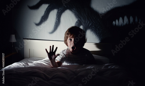 Monster in bedroom of child. Dark scary shadows. Fear of darkness concept. Little child scared of monster from nightmare. Lying in bed without sleep and being afraid of ghost. copy space
