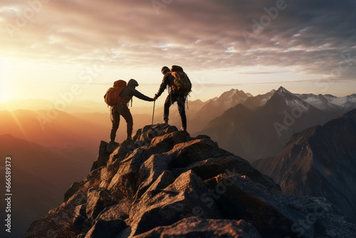 Two mountaineers offer helping hand on a rock ridge at sunrise above a valle © alisaaa