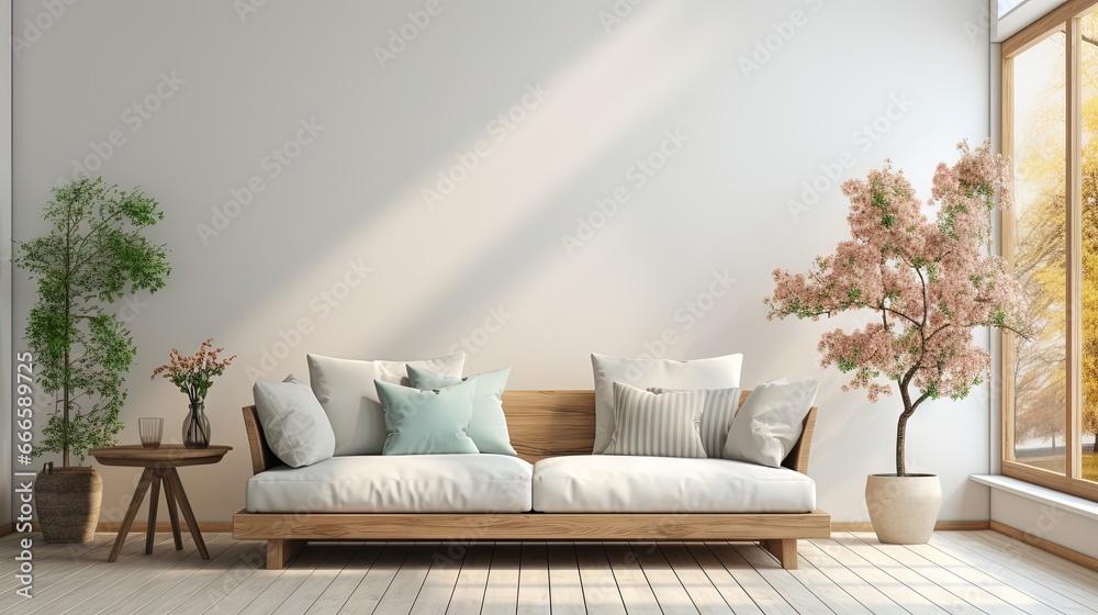Intérieur de salon scandinave de printemps moderne. Canapé avec coussins en lin rayé bleu pâle. Fleurs de prunier cerisier dans un vase. IA générative, IA - obrazy, fototapety, plakaty 