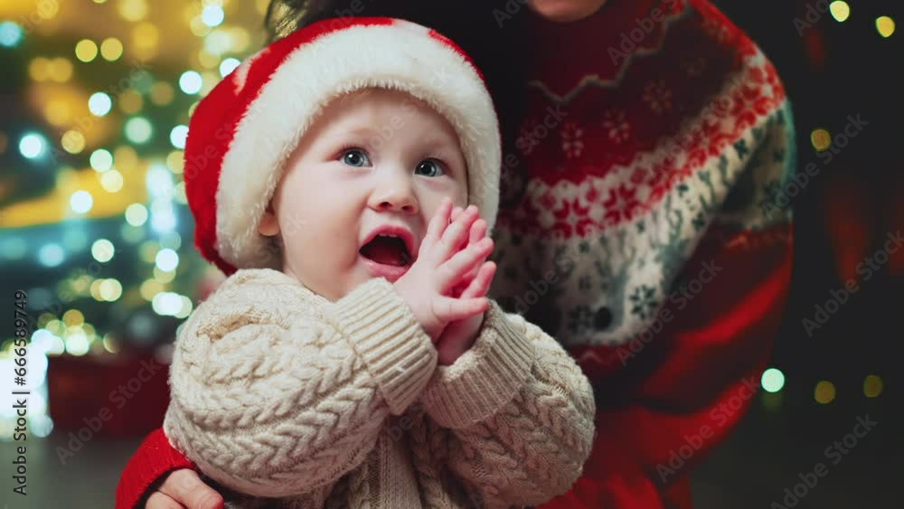 Mom and sweet baby boy in Santa hat and warm red sweaters at background of decorated fir-tree celebrate Christmas together. Kid clapping hands. Happy family at holidays home. Merry Christmas, new year Mom and sweet baby boy in Santa hat and warm red sweaters at background of decorated fir-tree celebrate Christmas together. Kid clapping hands. Happy family at holidays home. Merry Christmas, new year