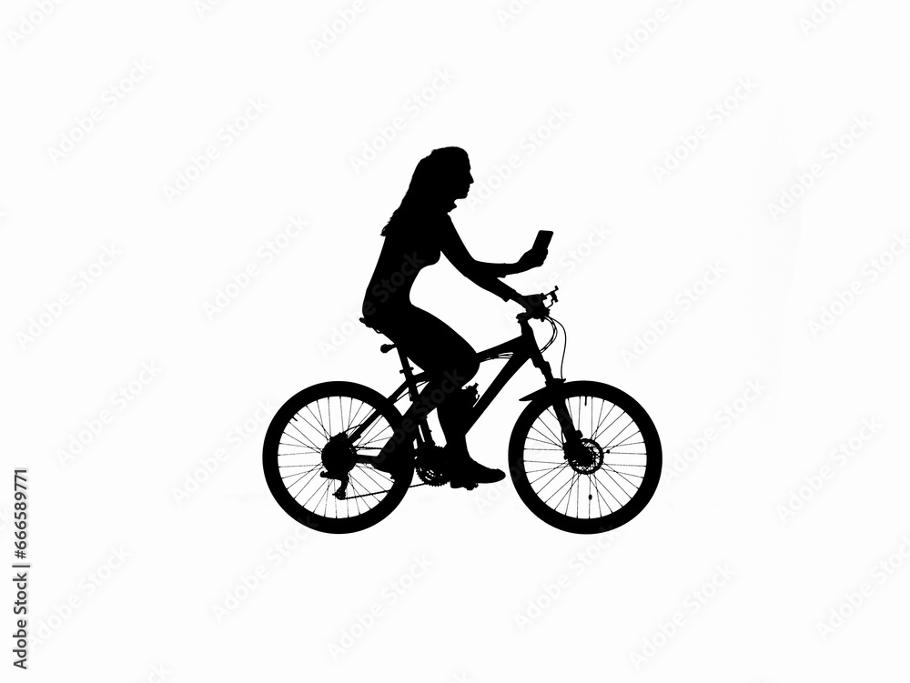 Black silhouette of female texting on smartphone riding a bike, isolated on white background alpha channel. Black silhouette of female texting on smartphone riding a bike, isolated on white background alpha channel.